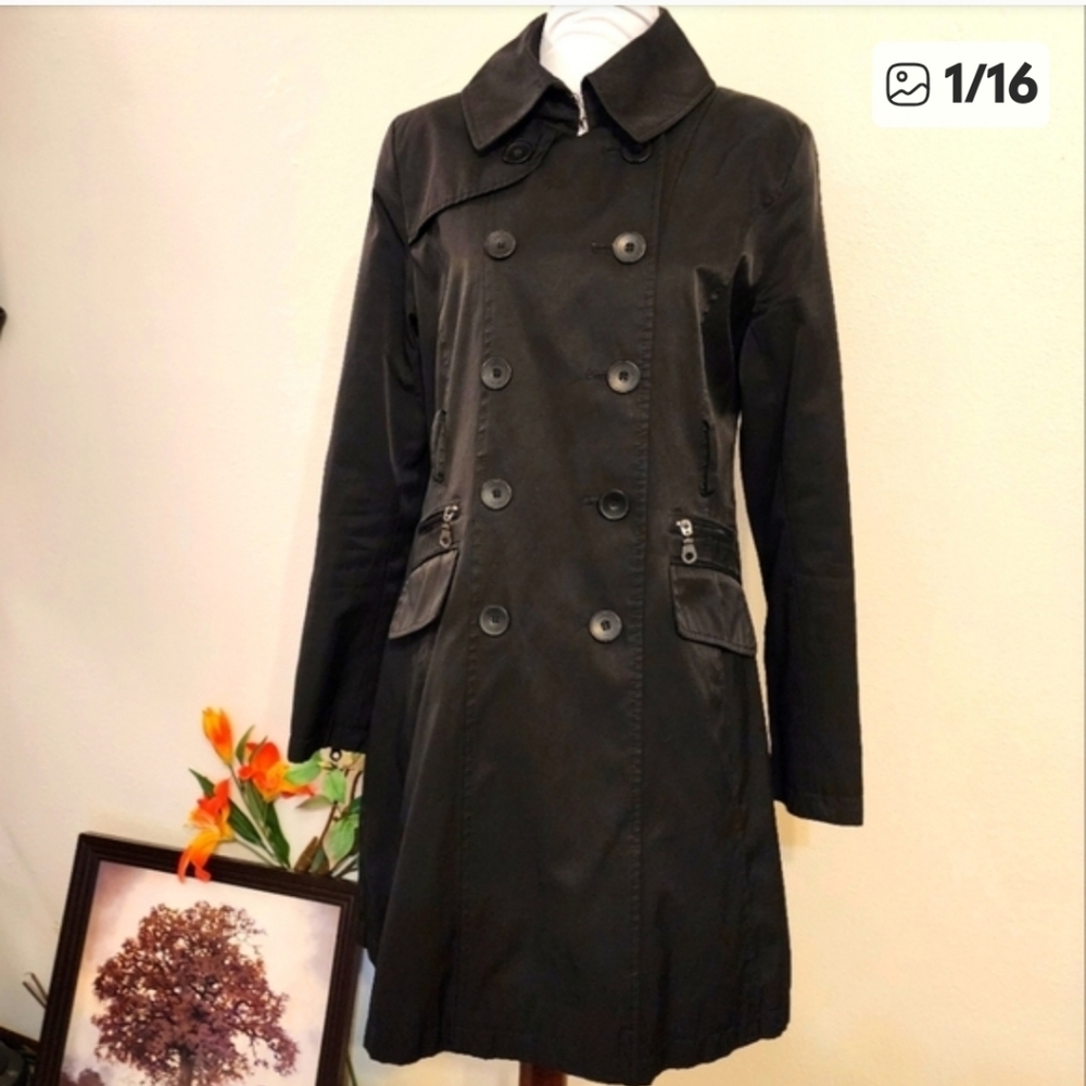 DKNY Black Trench Coat Classic Tailored Design Double Breasted Military Zippers - Picture 16 of 16
